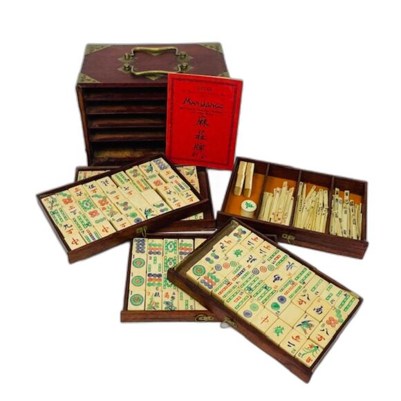 Vintage Antique Mahjong Mah Jongg Jong Set Bamboo Tile Dice Wood Box - Picture 1 of 16
